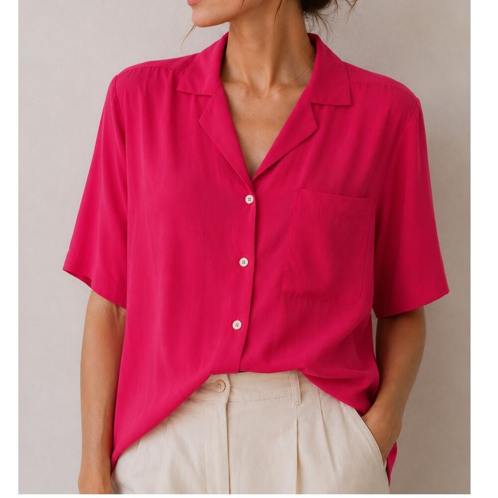 Vintage 80s Christian Dior Hot Pink Blouse Size 8 Button Front Made Hong Kong